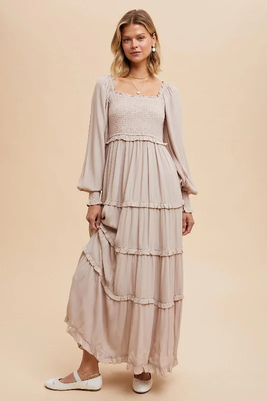 Beige Smocked Long Sleeve Ruffle Tiered Maxi Dress