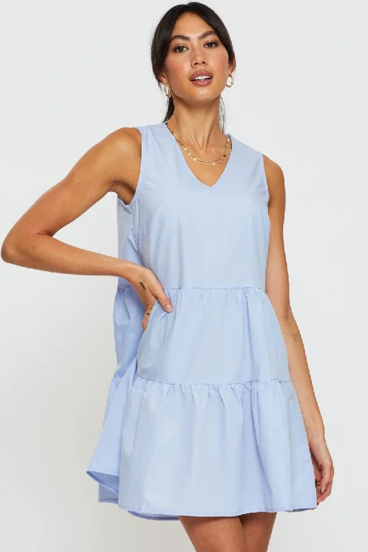 Blue A Line Dress Mini V Neck