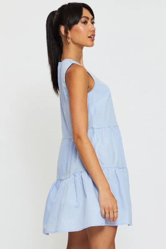 Blue A Line Dress Mini V Neck