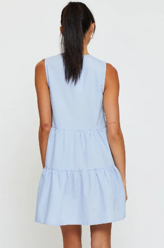 Blue A Line Dress Mini V Neck