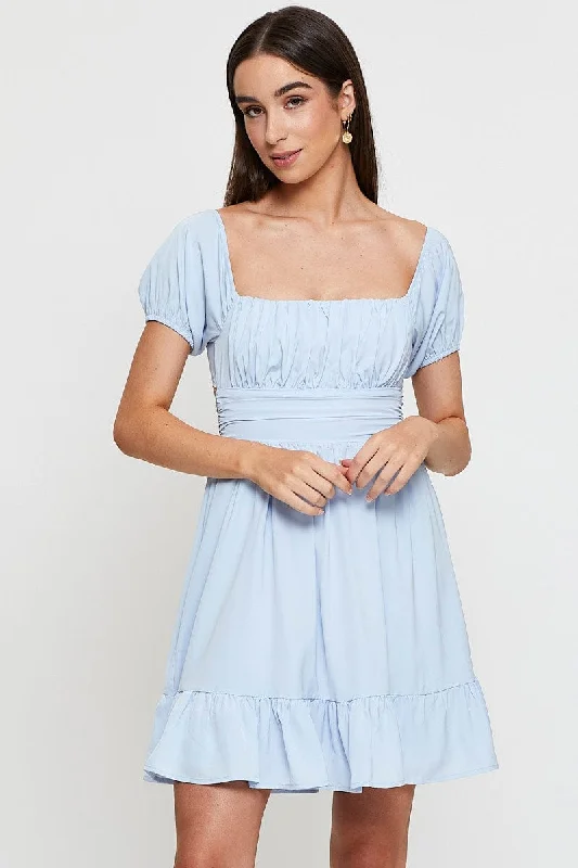 Blue Fit And Flare Dress Short Sleeve Square Neck