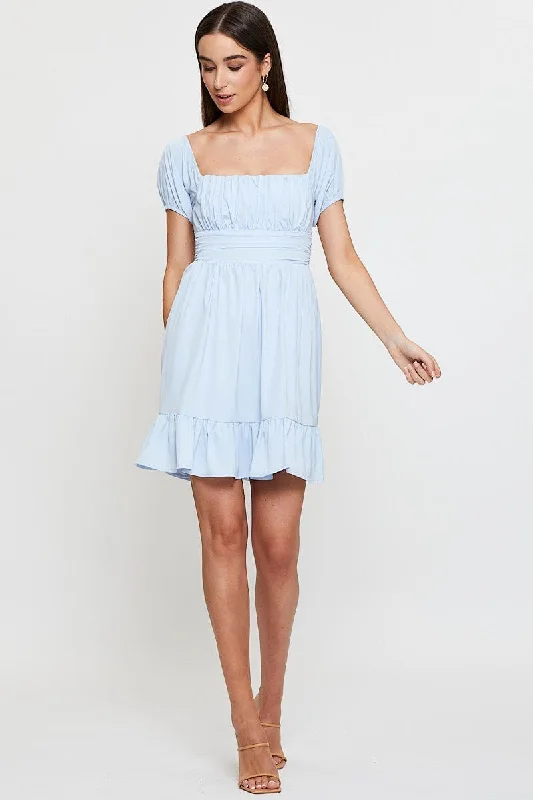 Blue Fit And Flare Dress Short Sleeve Square Neck