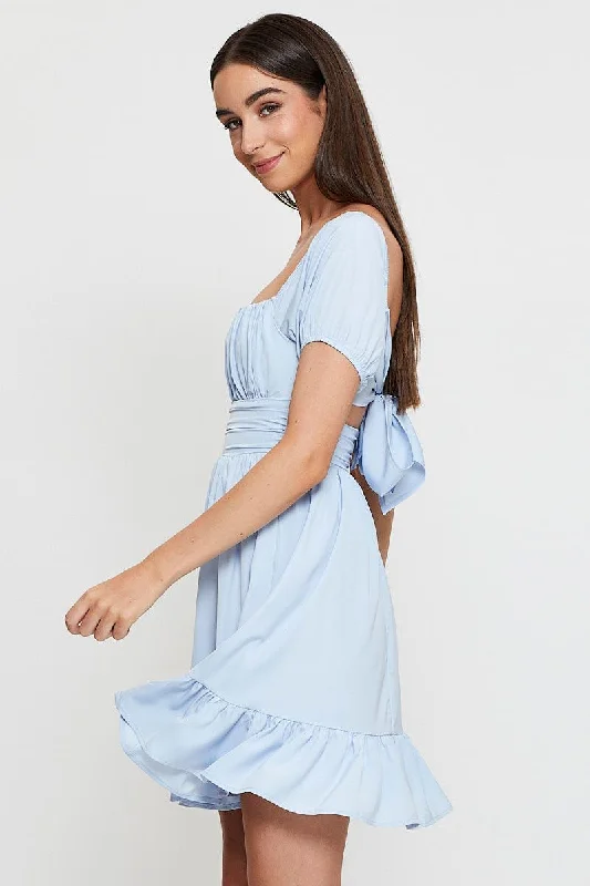 Blue Fit And Flare Dress Short Sleeve Square Neck