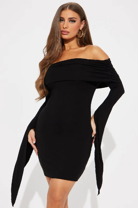 Bring The Drama Off Shoulder Mini Dress - Black