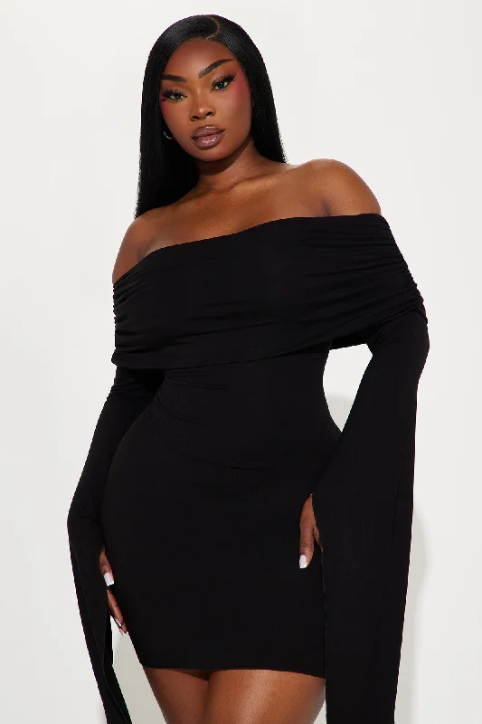 Bring The Drama Off Shoulder Mini Dress - Black