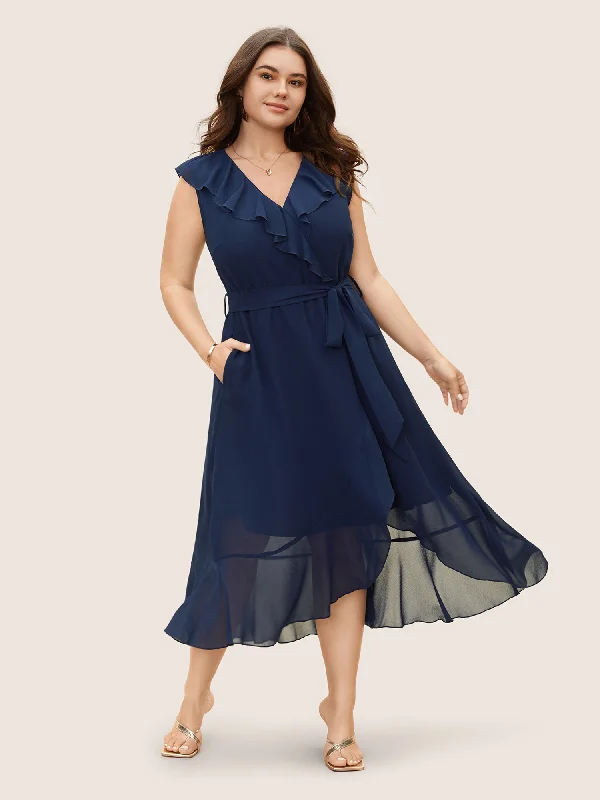 Chiffon Overlap Collar Ruffle Trim Dress