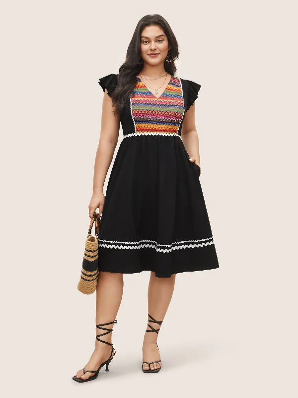 Color Embroidered Patchwork Flounce Sleeve Dress