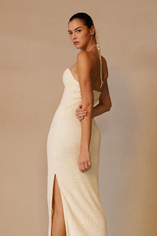 Cream Textured Knit Halter Neck Maxi Dress