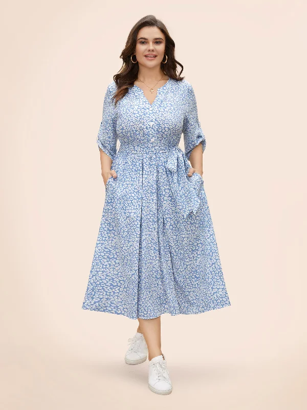 Daisy Print Midi Tab Sleeve Dress