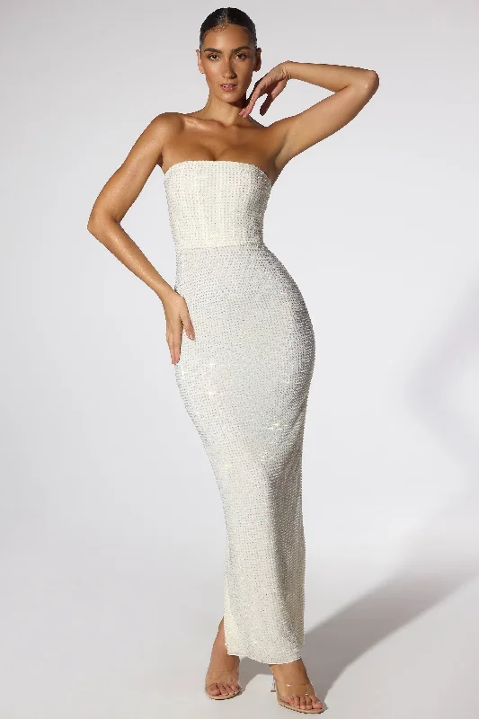 Embellished Strapless Evening Gown in Ivory