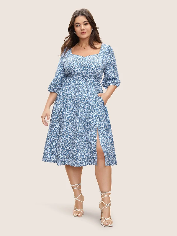 Ditsy Floral Print Square Neck Split Hem Dress