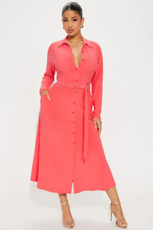 Elena Button Up Midi Dress - Coral