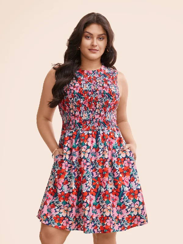 Floral Shirred Frill Trim Tank Dress