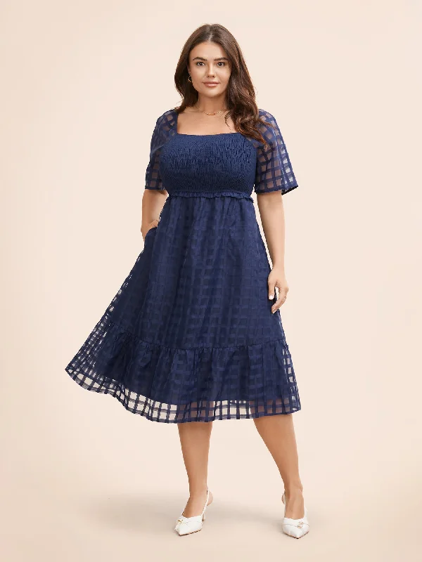 Gingham Texture Shirred Frill Trim Dress