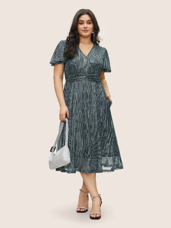 Glitter Mesh Surplice Neck Ruffle Sleeve Pocket Midi Dress