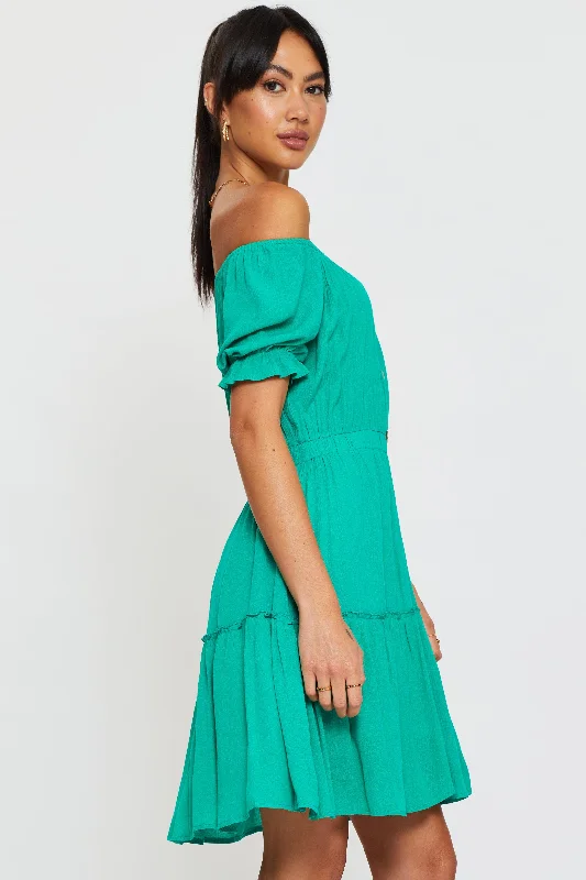 Green Mini Dress Off Shoulder Linen