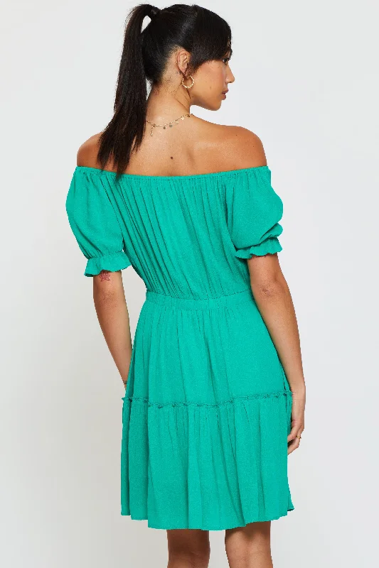 Green Mini Dress Off Shoulder Linen