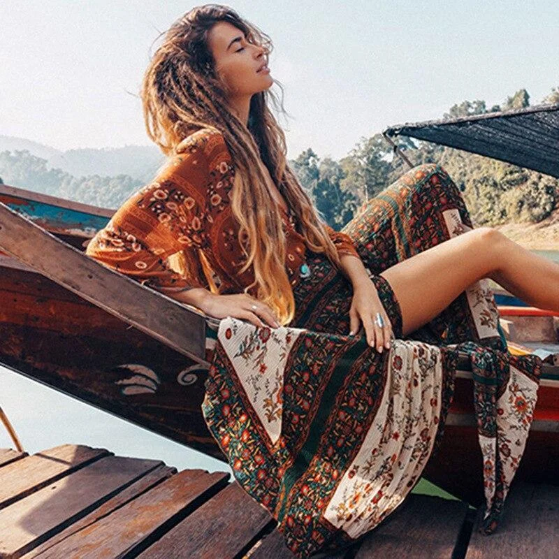 Gypsy Style Boho Deep Split Maxi Dress