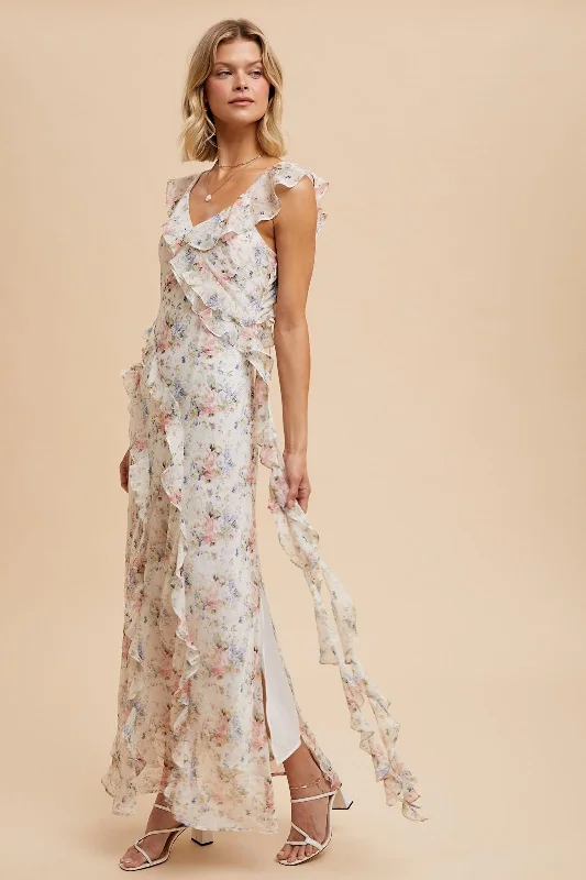 Ivory Floral Ruffled Chiffon Dress