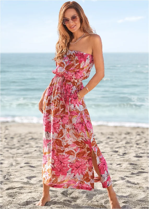 Strapless maxi dress  - Pink Multi