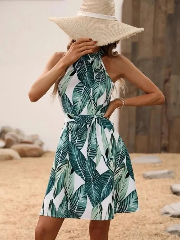 Leaves Printed Halter Boho Dress