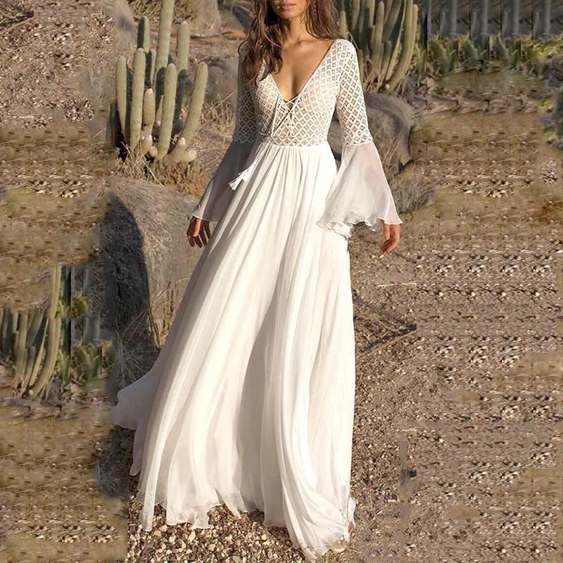 Long Flare Sleeve V-Neck White Hollow Lace Maxi Dress