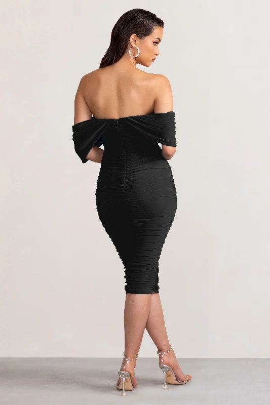 Love Me | Black Off The Shoulders Ruched Midi Dress