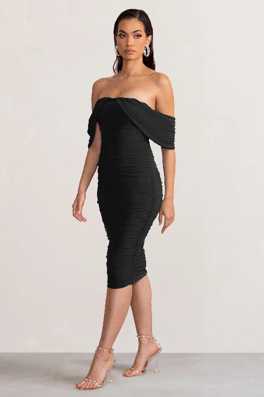 Love Me | Black Off The Shoulders Ruched Midi Dress