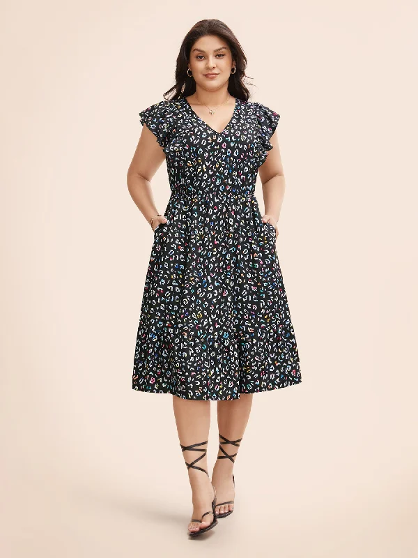 Multi-color Leopard Print Elastic Waist Midi Dress