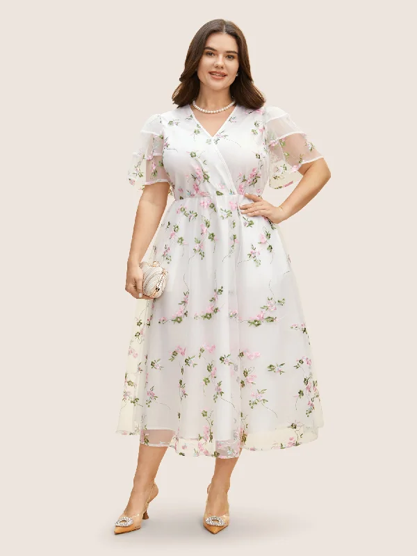 Overlap Collar Mesh Floral Embroidered Tiered Ruffles Dress