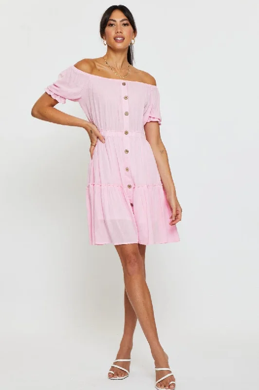 Pink Mini Dress Off Shoulder Linen