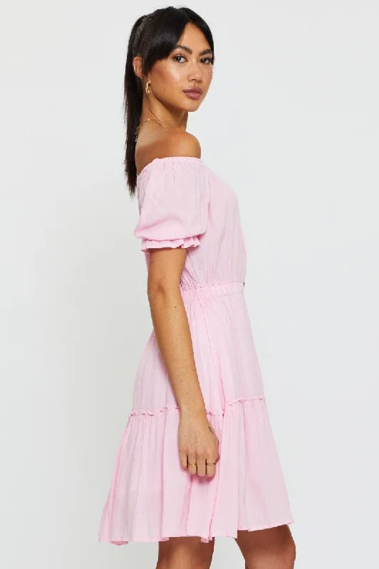 Pink Mini Dress Off Shoulder Linen