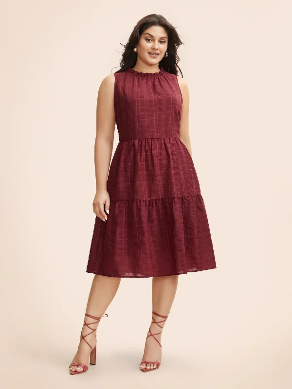 Plaid Stand Collar Frill Trim Sleeveless Dress