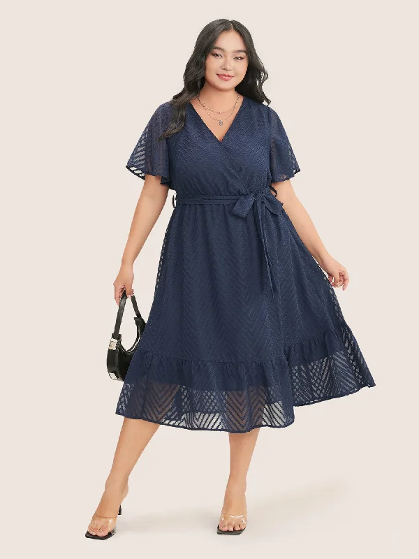 Plain Geometric Pocket Mesh Ruffle Sleeve Belted Wrap Dress