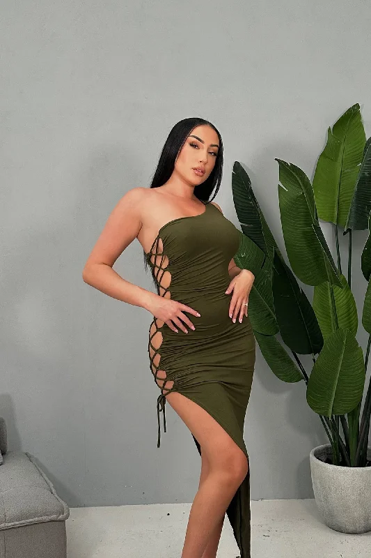 Reina Lace Up Maxi Dress - Olive