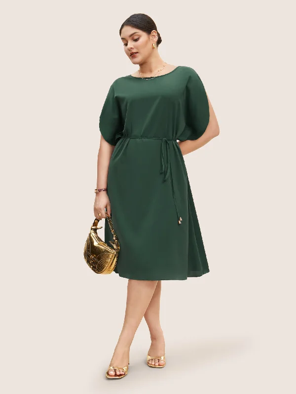 Solid Boat Neck Dolman Sleeve Belted Dress