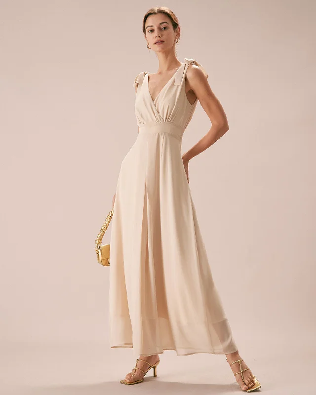 The Apricot V Neck Bowknot Maxi Dress