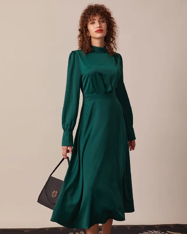 The Green Stand Collar Pleated Satin Midi Dress