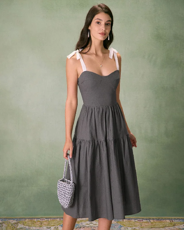 The Grey Tiered Cotton Linen Midi Dress