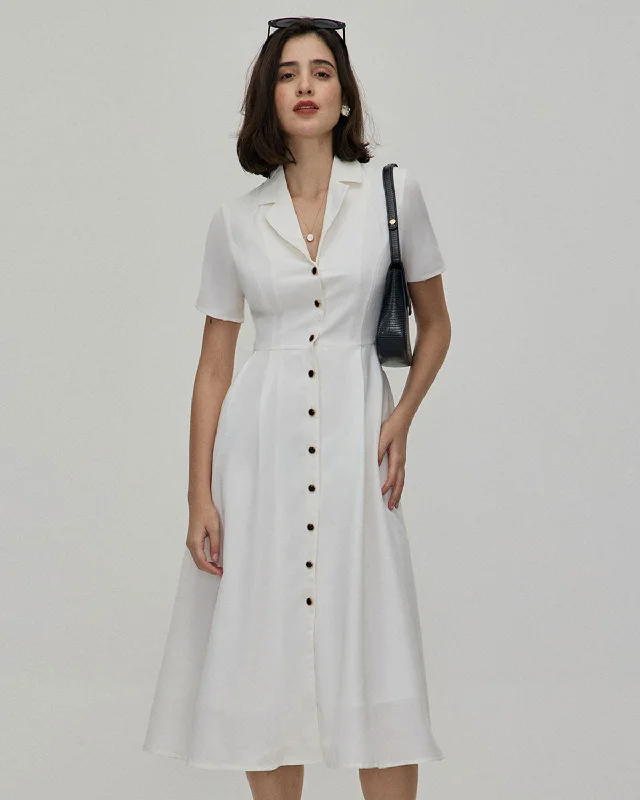 The White Lapel Short Sleeve Button-up Midi Dress