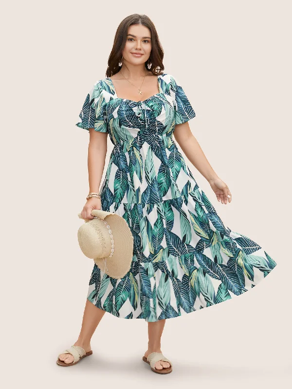 Tropical Print Drawstring Ruffle Sleeve Dress