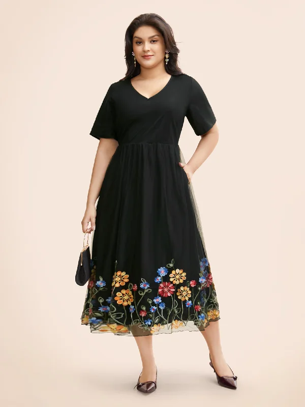 V Neck Floral Embroidered Mesh Dress