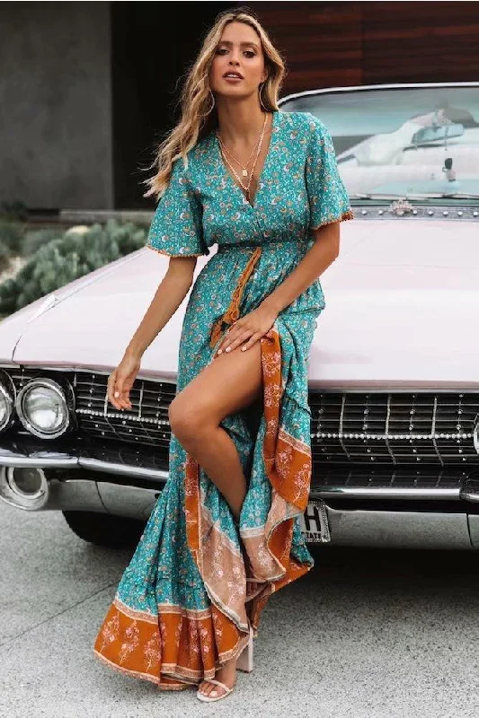 V-Neck Short Sleeve Boho Maxi Dress