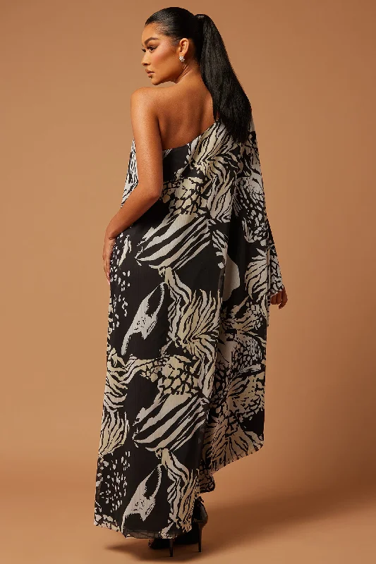 Waverly Chiffon Kaftan Maxi Dress - Black/White