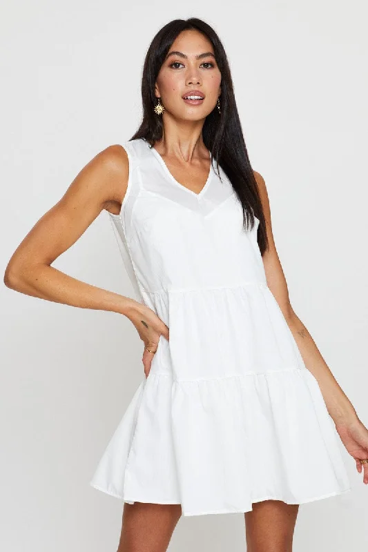 White A Line Dress Mini V Neck