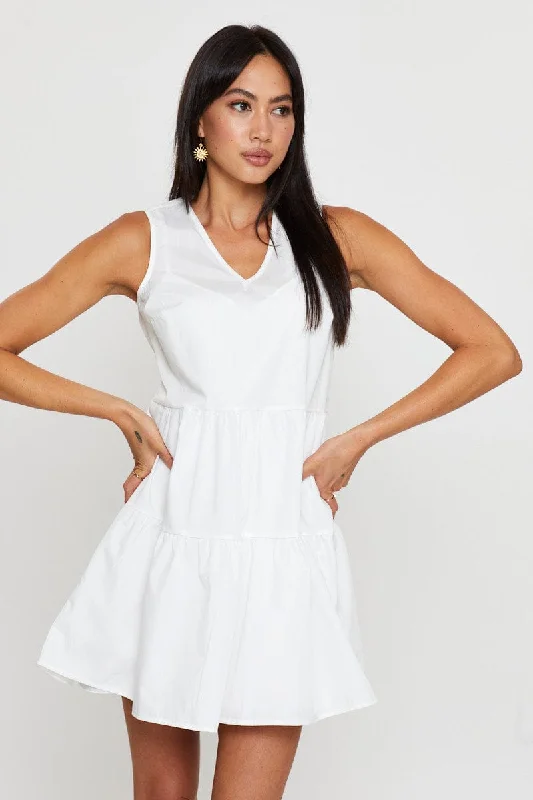 White A Line Dress Mini V Neck