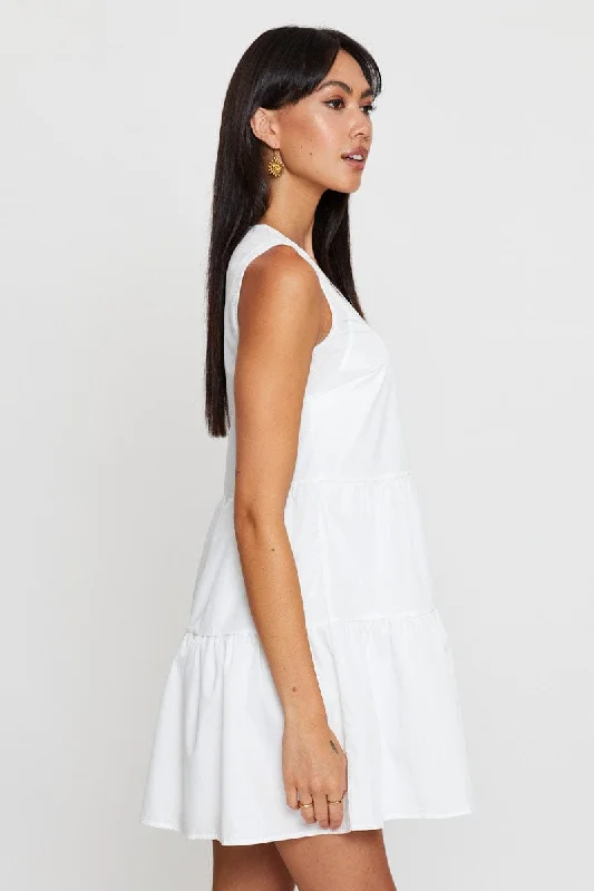 White A Line Dress Mini V Neck