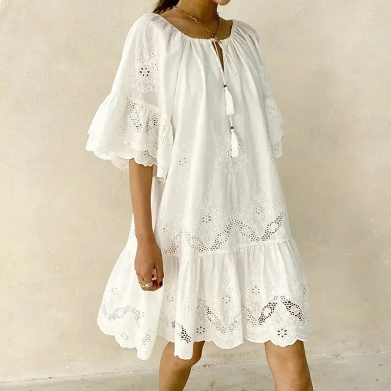 White Lace Embroidery Boho Dress