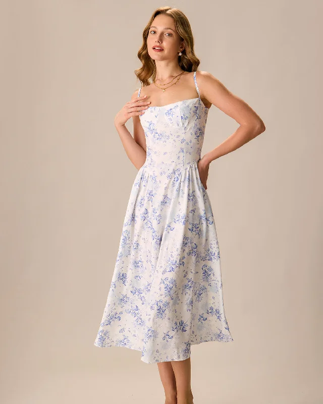 Women's Blue Floral Slip Midi Dress