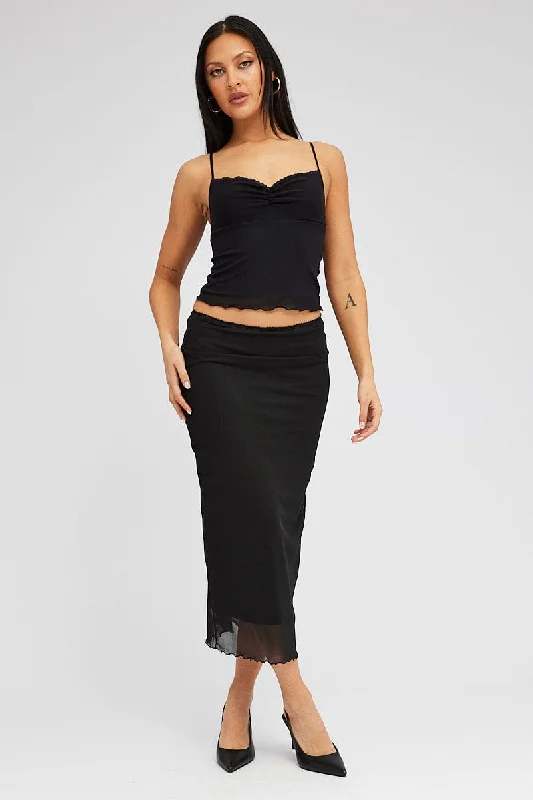 Black Midi Skirt High Rise Mesh